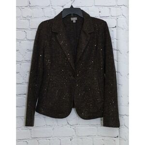 J. JILL Small Sequin Blazer Wool Blend Walnut Dark Brown Notch Collar